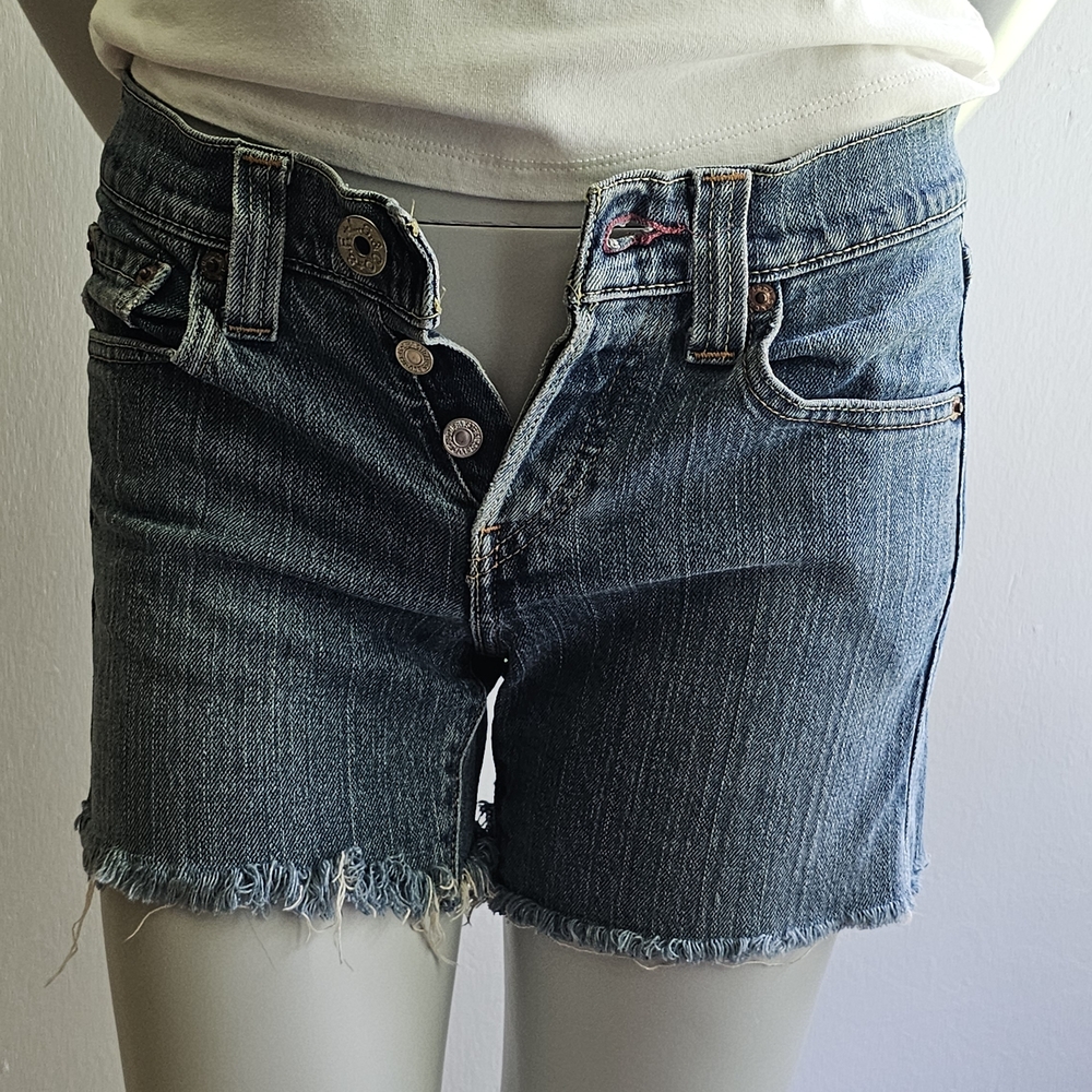CUT-OFF FRAYED DISTRESSED LEVI'S LOW SLOUCH DENIM JEANS SHORTS 509 SIZE 1